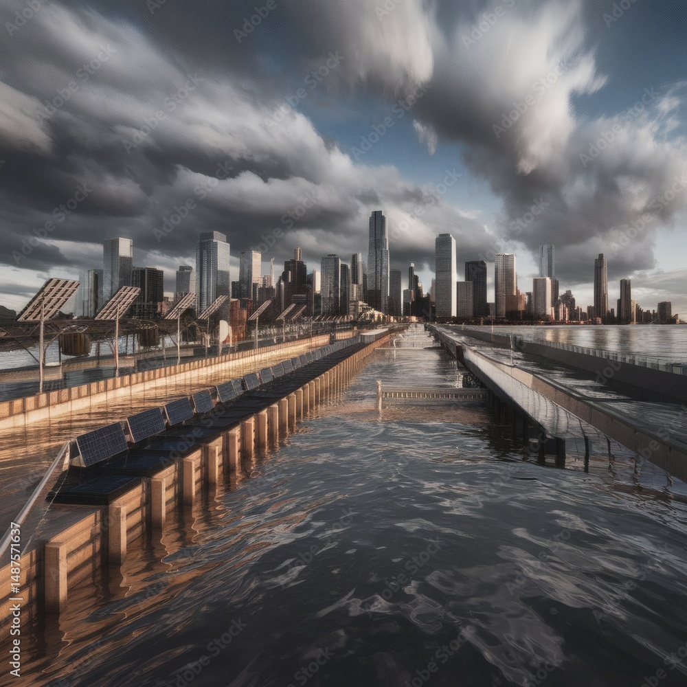 Obraz premium Extreme Weather Adaptation: “A coastal city skyline half-submerged under storm surge defenses—elevated walkways, seawalls—while monolithic clouds swirl overhead. Flood-resistant solar panels line rais