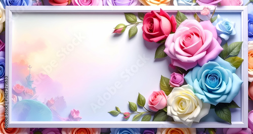 A decorative frame adorned with colorful roses, ideal for invitations or announcements.