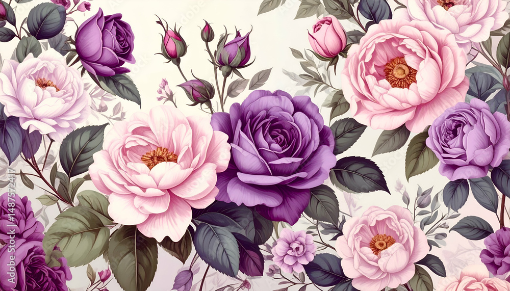 Fototapeta premium A floral pattern featuring various roses in soft colors on a light background.