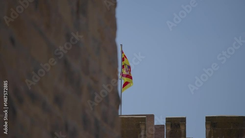 The flag of the Aragon region waving in the wind, captured in 4K slow motion against a clear blue sky
