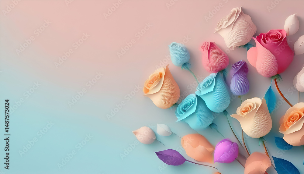 A vibrant arrangement of colorful roses against a soft gradient background. A vibrant arrangement of colorful roses against a soft gradient background.