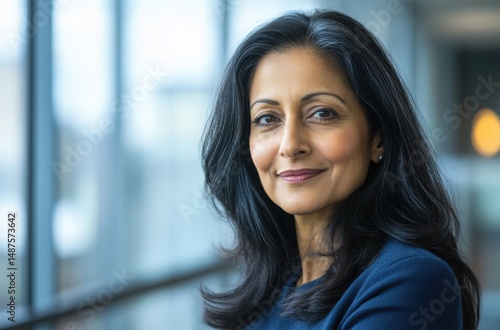 Free Download Close-up of a powerful Indian female CEO in a modern office, looking to the side with a soft - GFXLoad