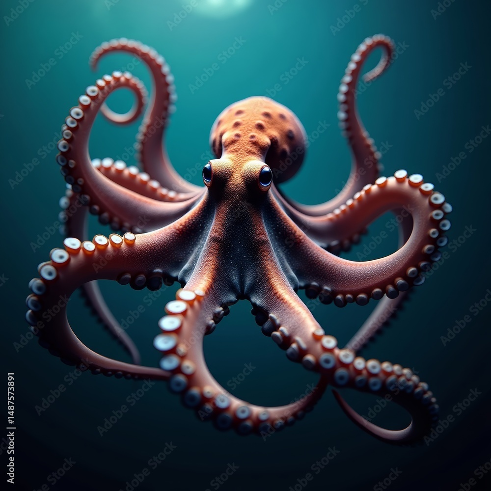 Obraz premium Closeup of a red octopus with white spots against blue background