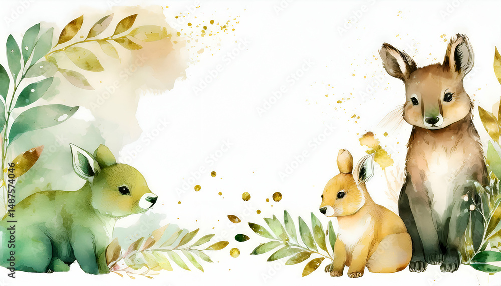 Obraz premium A watercolor illustration featuring three cute animals amidst soft foliage.