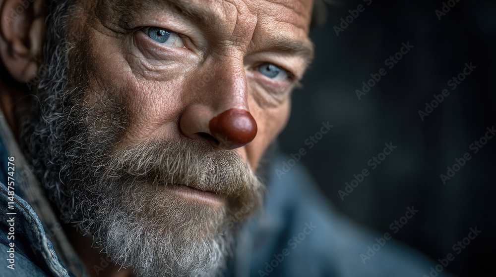 Fototapeta premium Red Nose Day, Middle-aged man with rugged features, intense gaze, wearing casual attire, reflecting deep thought in a moody environment.