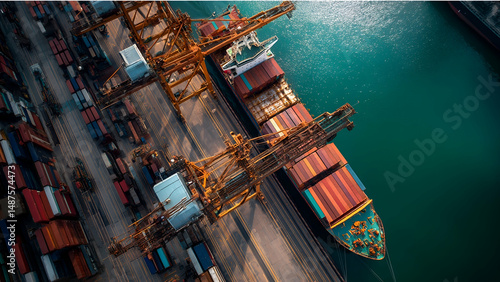 Aerial view of a cargo ship being loaded at a shipping terminal with containers.