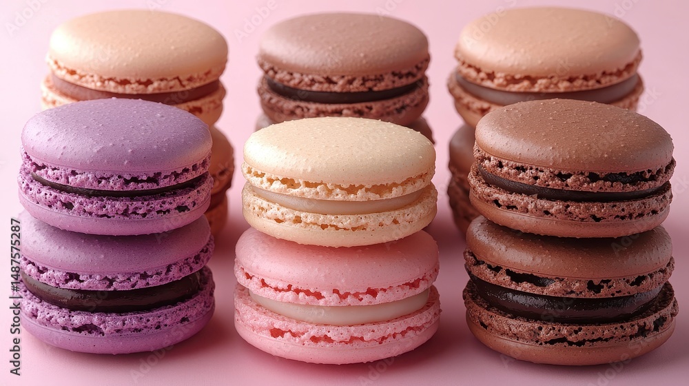 Macarons stacked neatly; pastel hues Macarons stacked neatly; pastel hues