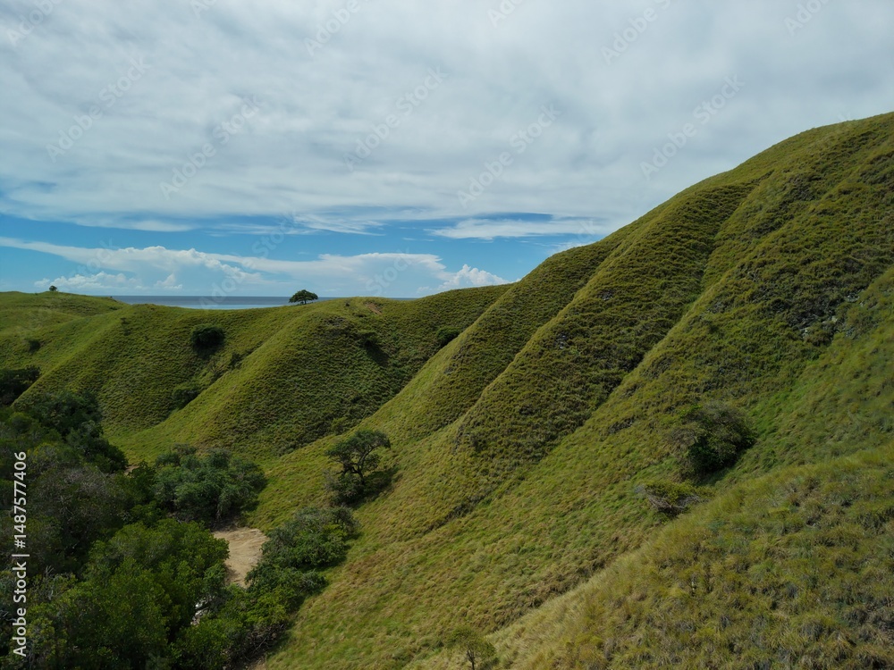 Fototapeta premium Aerial view of Padar Island between Komodo and Rinca Islands near Labuan Bajo in Indonesia.