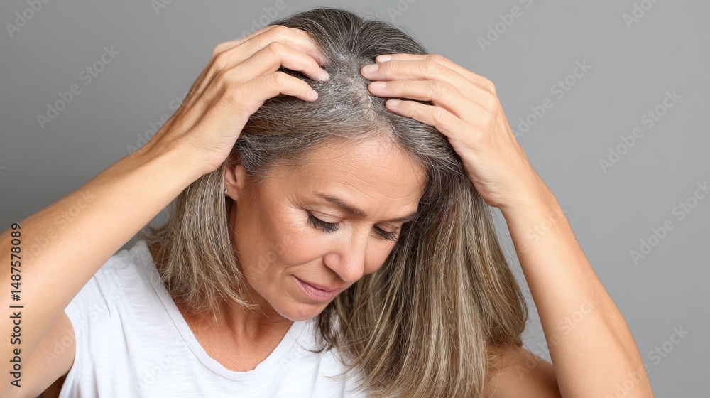 Naklejka premium Woman examines her gray hair, concerned about dryness.