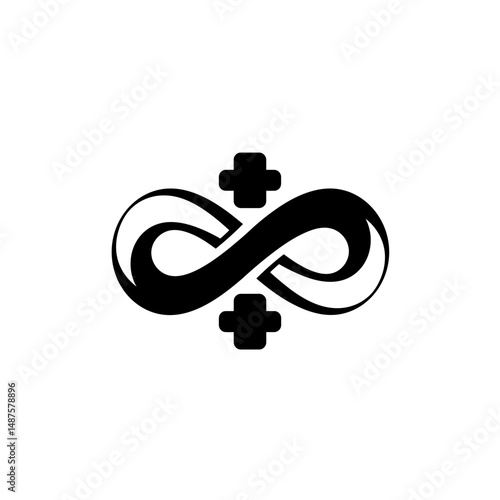 Infinity Symbol with Medical Crosses: A sleek, monochrome design featuring an infinity symbol interlaced with medical crosses, representing everlasting health and care.
