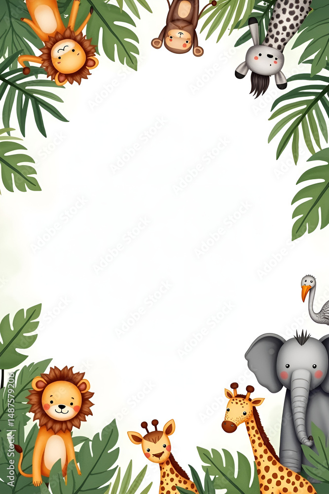Fototapeta premium Cute Cartoon Jungle Animals Frame with Tropical Leaves and Empty Center
