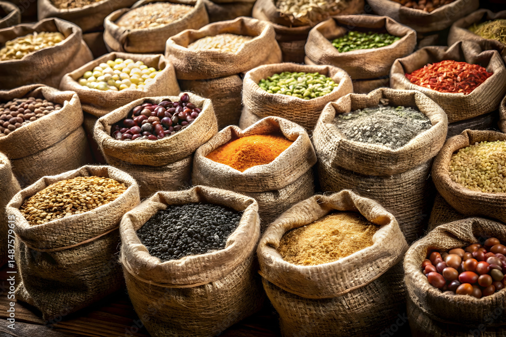 Fototapeta premium Seeds in sacks with natural agricultural presentation and rustic storage style