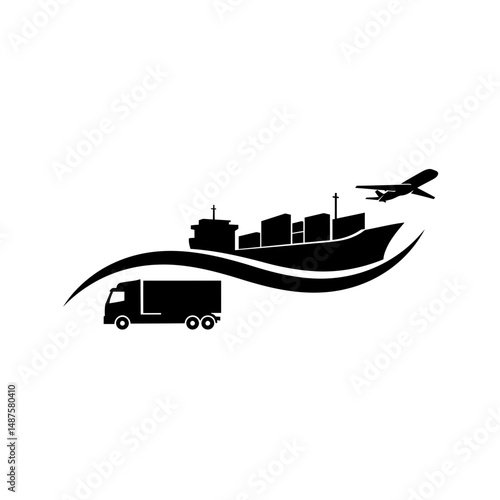 Global Logistics Network: A minimalist graphic depicting a cargo ship, truck, and airplane, illustrating the interconnectedness of global logistics.