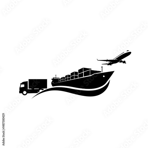 Global Logistics Network: A graphic silhouette of a truck, cargo ship, and airplane, illustrating the interconnectedness of global transport and supply chain operations. 