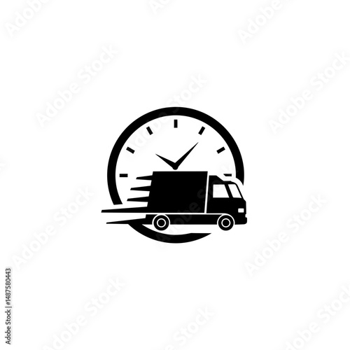 Express Delivery: An icon of a swiftly moving delivery truck against a clock face, indicating speed and efficiency in shipping.
