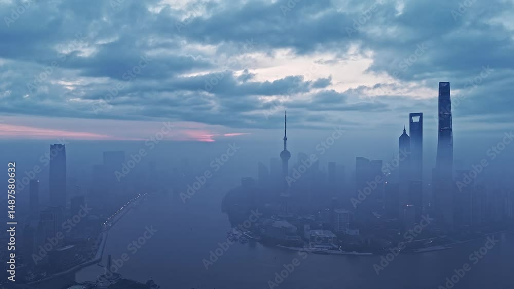4K real time aerial view of Shanghai skyline with heavy fog at dawn. 4K real time aerial view of Shanghai skyline with heavy fog at dawn.