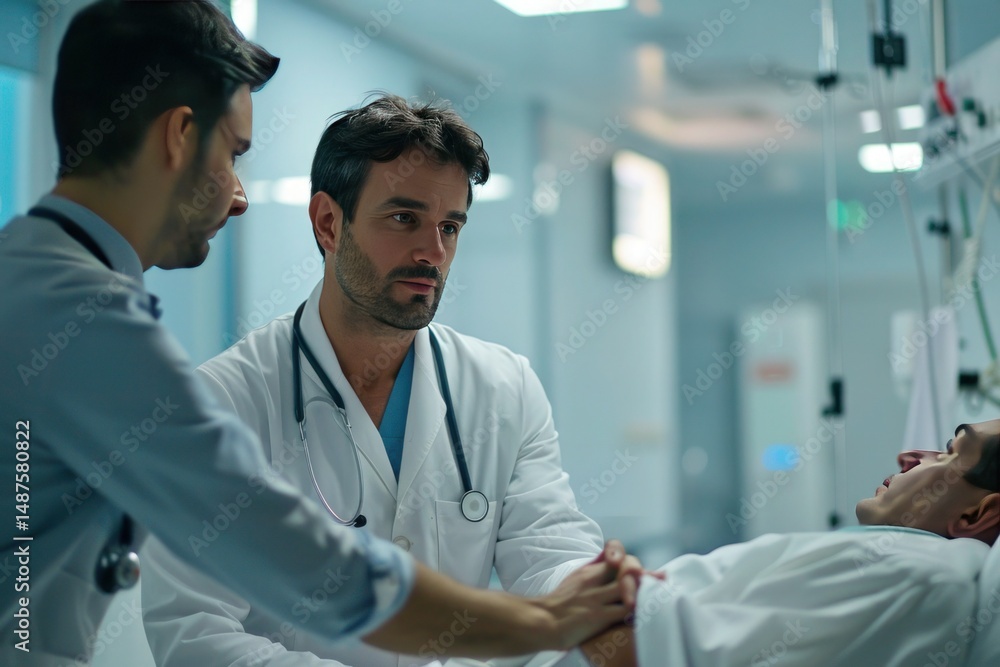 kind male doctor comforting a patient, holding hands, hospital background kind male doctor comforting a patient, holding hands, hospital background