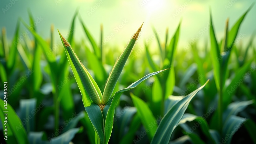 Obraz premium Sunlit corn shoot, Bright green blade of grass, Rising sun on field, 