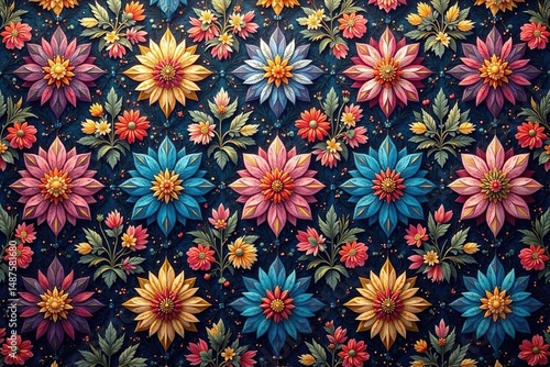 Intricate floral textile design, repeating motif , texture, illustration