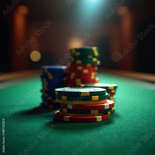 Stacked poker chips on a green table