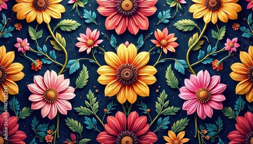 Intricate floral textile design, repeating motif, fabric, elegant, motif