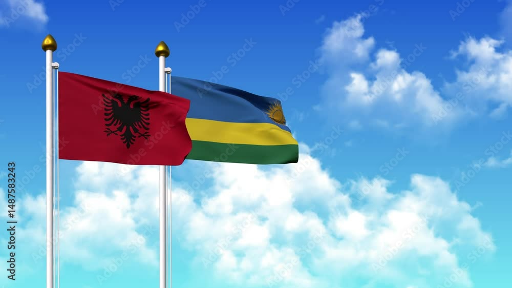 Waving flags of ALBANIA and RWANDA on pole included with alpha channel Waving flags of ALBANIA and RWANDA on pole included with alpha channel