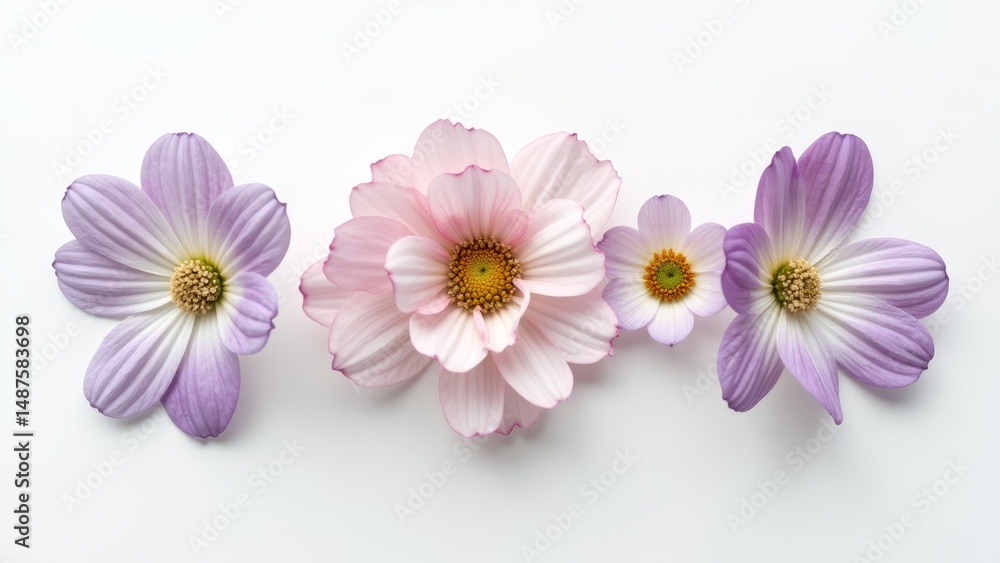 Fototapeta premium Four daisies in pink and purple hues with yellow centers against a white background