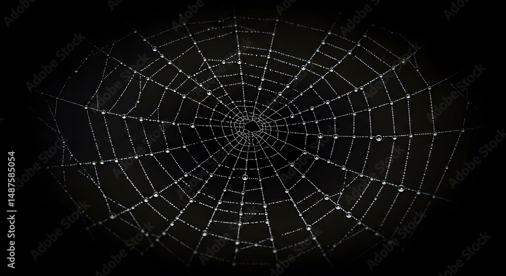 Fototapeta premium Dew-Covered Spiderweb Against Black Background