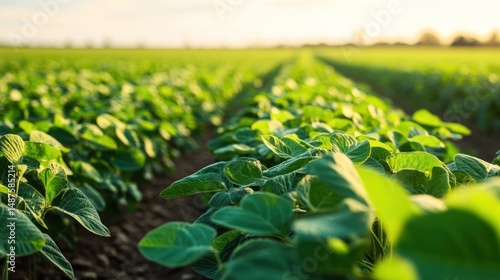 Vibrant Soybean Field at Sunset: A Glimpse into Agriculture