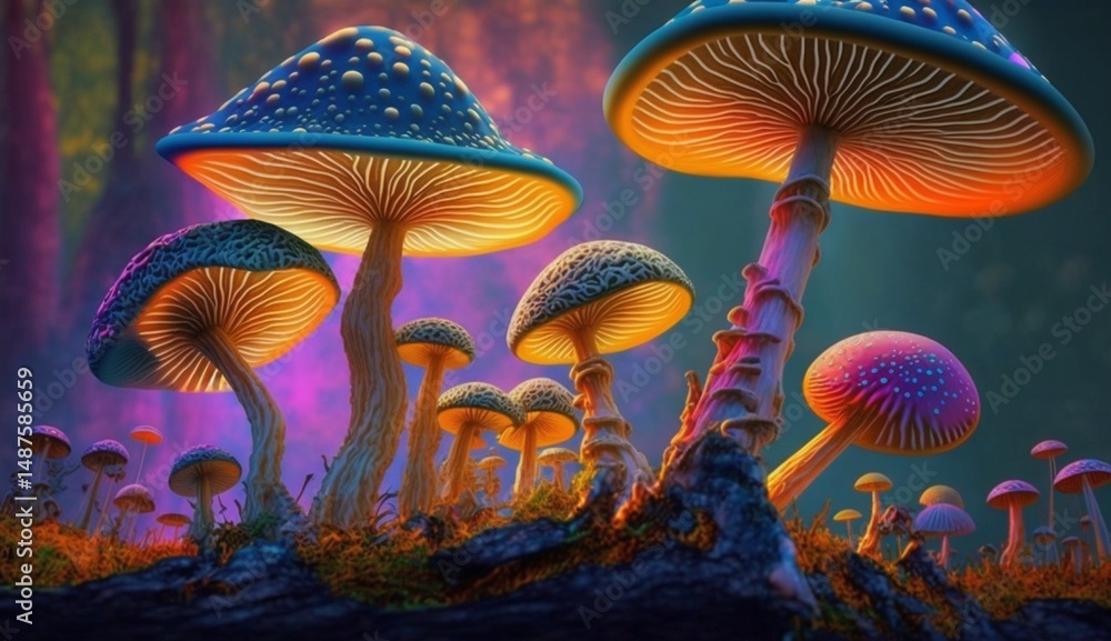 Fototapeta premium Fantasy Mushrooms With Psychedelic Glow