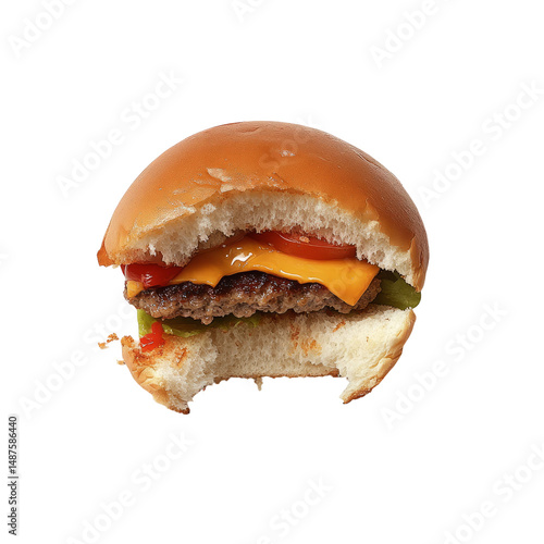 A close-up shot of a juicy cheeseburger with a bite taken out of it. It is topped with lettuce, tomato, cheese, and ketchup, and has a sesame seed bun.