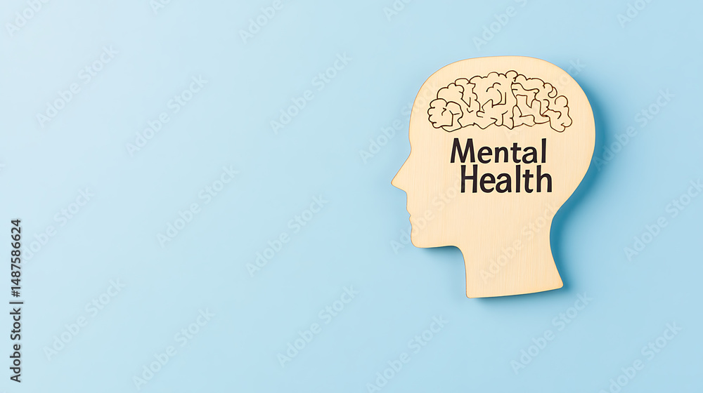 A wooden human head outline with a brain image inside, symbolizing mental health, on a light blue background. Space for related text or graphics. A wooden human head outline with a brain image inside, symbolizing mental health, on a light blue background. Space for related text or graphics.
