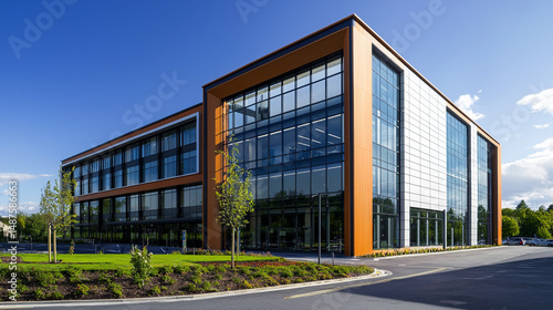 Wallpaper Mural Exterior view of a modern office building with glass windows and orange accents under a clear blue sky Torontodigital.ca