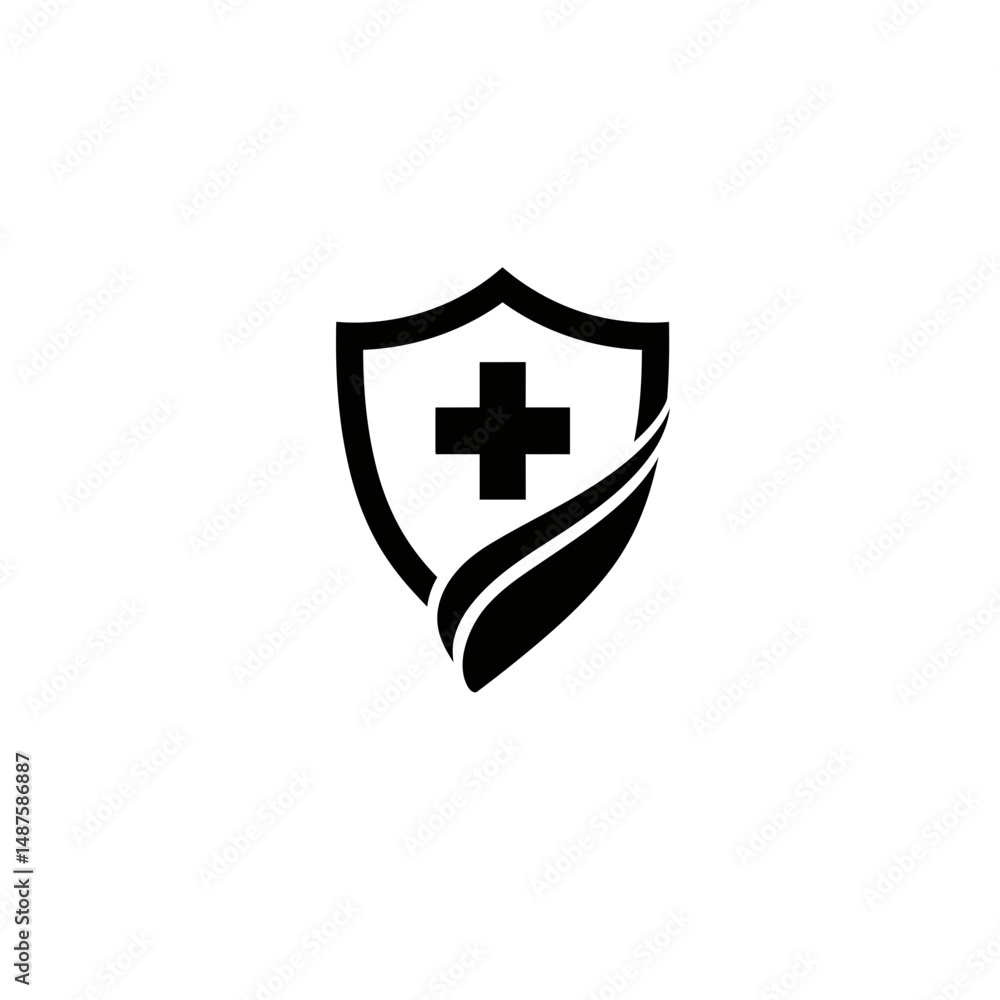 Fototapeta premium Shield of Health: A stylized black and white image of a shield featuring a cross and leaf, evoking concepts of safety, well-being, and healthcare.