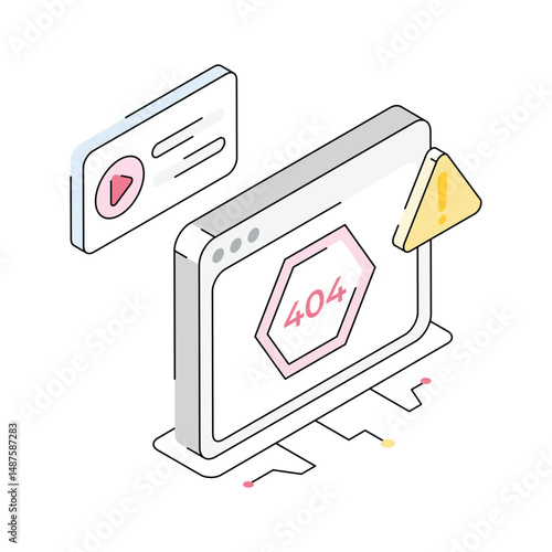 A trendy isometric outline icon of 404 error page
