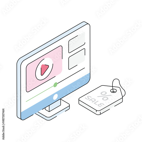 A sleek isometric icon showing online sale event