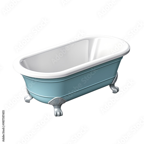 A classic blue bathtub with a vintage design. The tub has a white interior and elegant feet