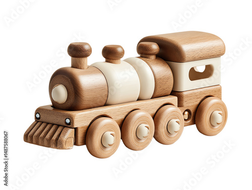 Wooden toy train, white isolate background.