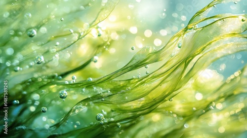 Vibrant underwater seaweed with glowing bubbles in sunlit ocean environment