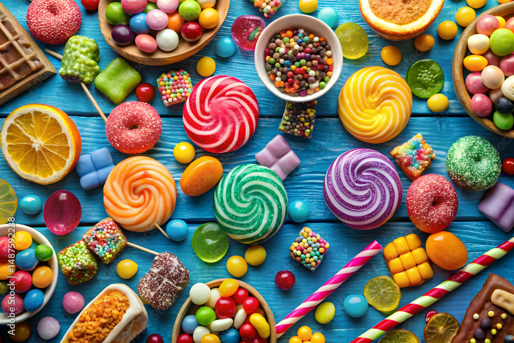Fototapeta premium Sweet foods and candies on a blue surface creating a colorful festive and sugary dessert display