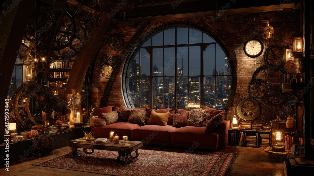 Fototapeta premium Cozy steampunk living room with a large window overlooking a city skyline, featuring vintage decor, warm lighting, and intricate mechanical elements