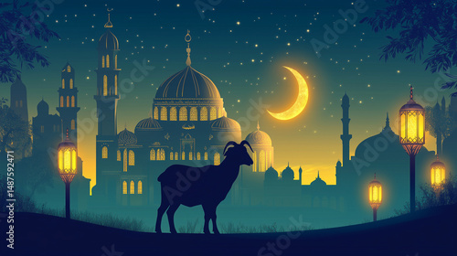 Silhouette of goat before majestic mosque with crescent moons and lanterns under starry sky