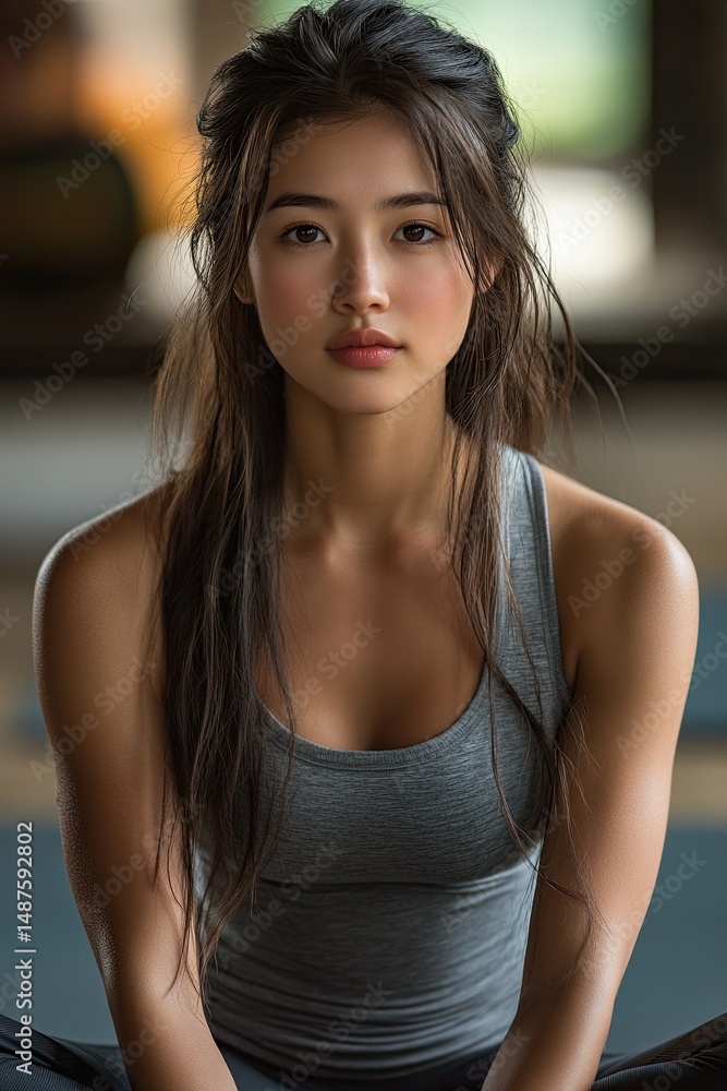 Fototapeta premium Young Asian woman doing yoga on exercise mat.