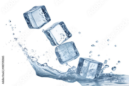 flying ice cubes with water splash isolated on white or transparent png