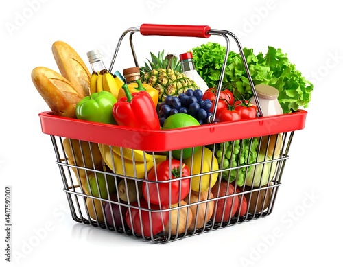 Full Shopping Basket Fresh Fruits, Vegetables, Bread, and Drinks