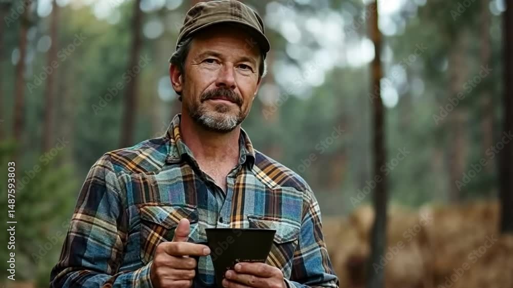 Forester using tablet in forest Forester using tablet in forest