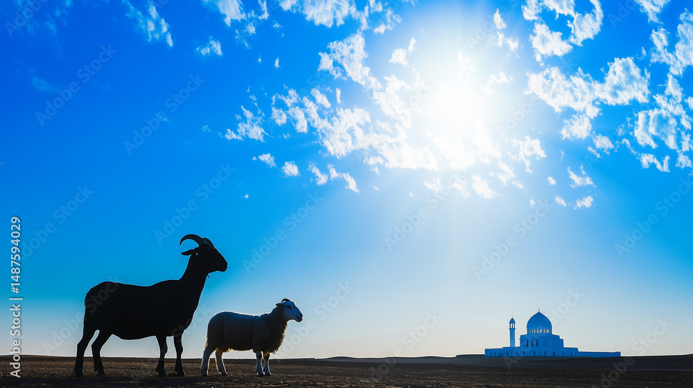 Fototapeta premium Goat and lamb silhouetted in desert under bright blue sky with distant mosque in bold symbolic Eid scene