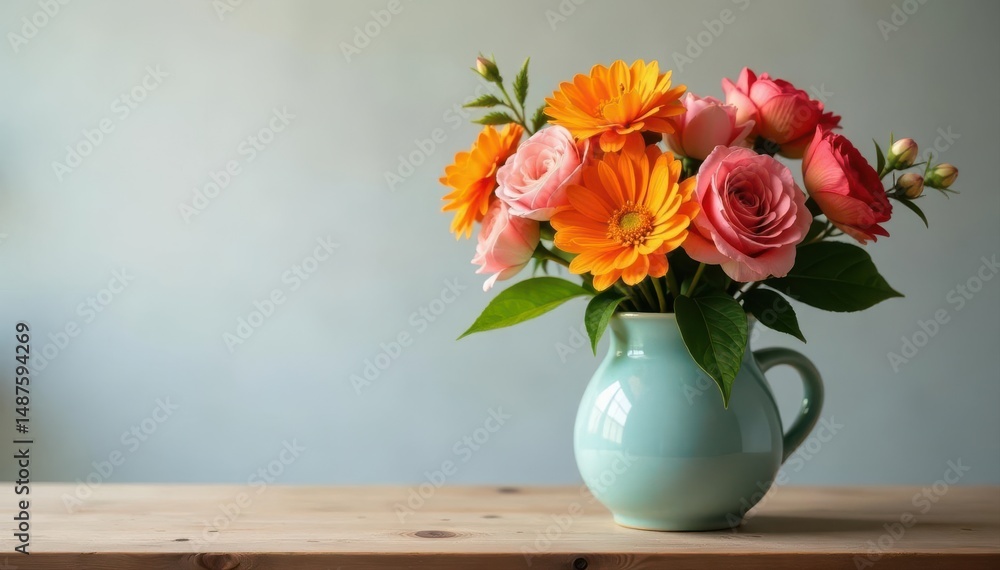 Ceramic vase, vibrant bouquet, wood table, neutral backdrop, happy, vase Ceramic vase, vibrant bouquet, wood table, neutral backdrop, happy, vase