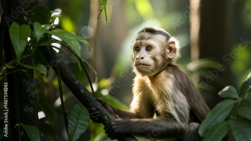 Curious monkey staring from the jungle forest with lush greenery