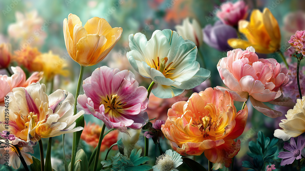 Fototapeta premium Vibrant garden filled with blooming tulips and assorted flowers in springtime sunlight